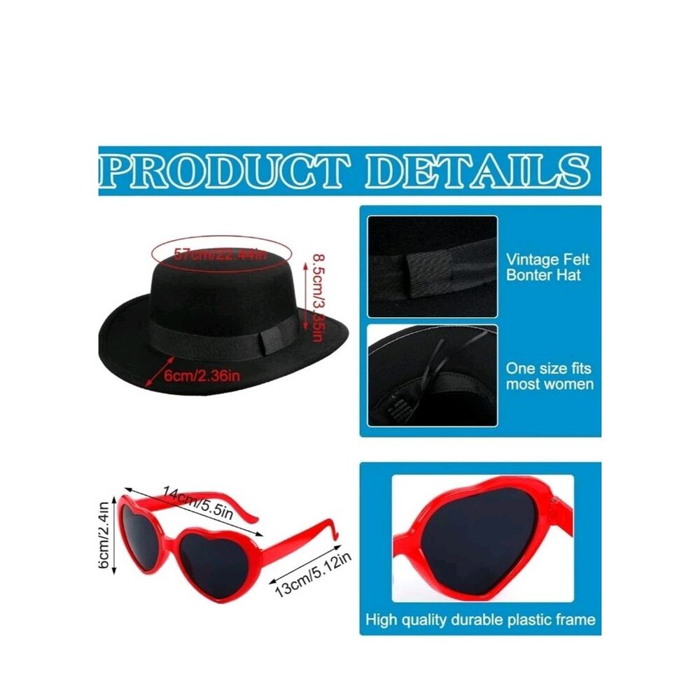 Riceshoot 3 Pcs Halloween Singer Costume Black Bowler Hat Heart Sunglasses Sz M - Picture 2 of 7
